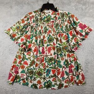 Rose Olive Womens 2X Boho Floral Smocked Blouse Flutter Sleeve Top